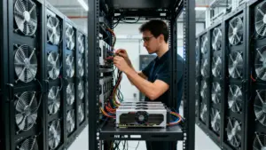 データセンターでAI用GPUサーバーを点検する技術者と冷却システム