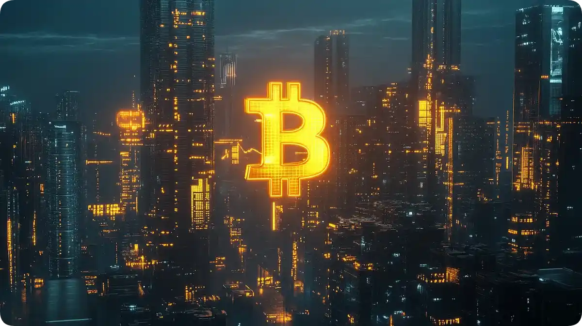 ビル群の中にあるビットコインのシンボル