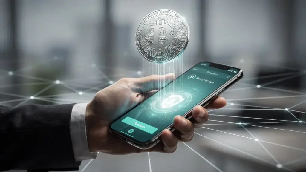 スマートフォン上に浮かぶUSDCのホログラムとデジタルネットワークの光、BybitとCircleの提携を象徴する金融テクノロジーのイメージ
