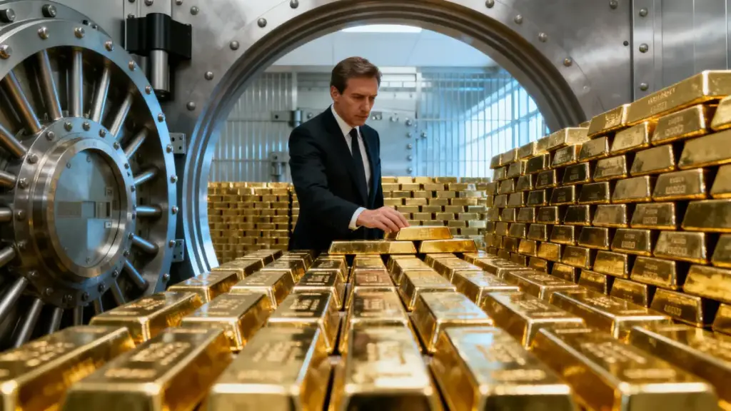 厳重な警備の金庫室で積み上げられた金の延べ棒を確認する銀行関係者