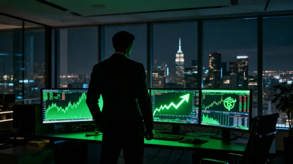 夜の高層オフィスで複数のモニターを見つめながら強気の仮想通貨取引を行うプロトレーダーの後ろ姿