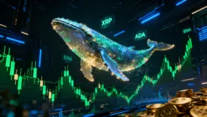 デジタルチャートの海を上昇する光るクジラと仮想通貨のシンボル