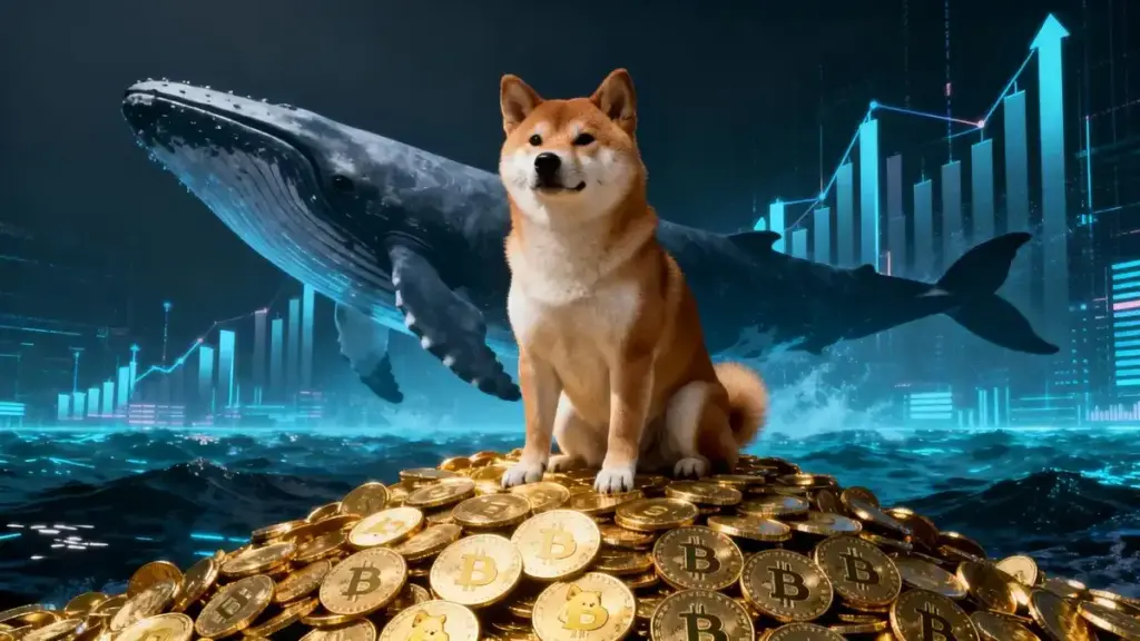 金貨の山に座る柴犬と背景に浮かぶクジラのシルエット、上昇するチャート