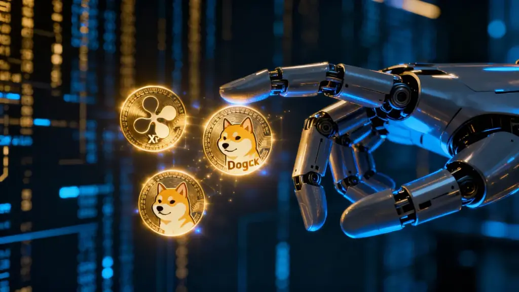 Google Geminiによるアルトコイン価格予測をイメージした、AIロボットとホログラムの仮想通貨