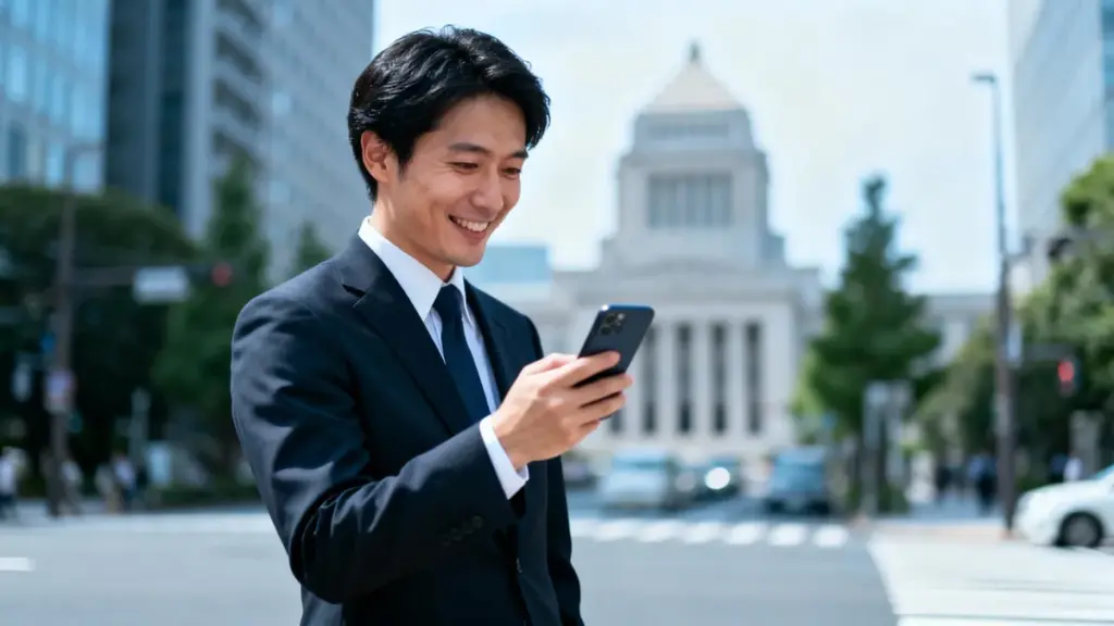 国会議事堂を背景にスマートフォンで仮想通貨のニュースを確認する日本のビジネスマン