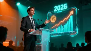 カンファレンスでビットコインの価格上昇について熱弁するCEOの様子