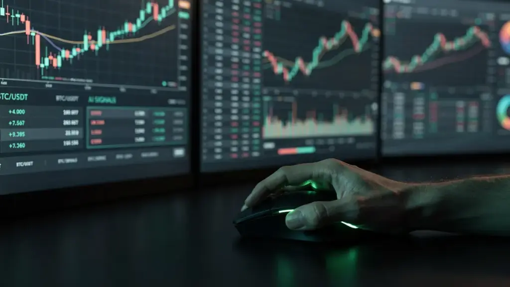 ロビンフッドの高度な仮想通貨取引画面とAI分析ツールを操作するトレーダーの手元