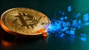 物理的な金貨が青いデジタルデータ粒子へと変化し、現実資産のトークン化を象徴している様子