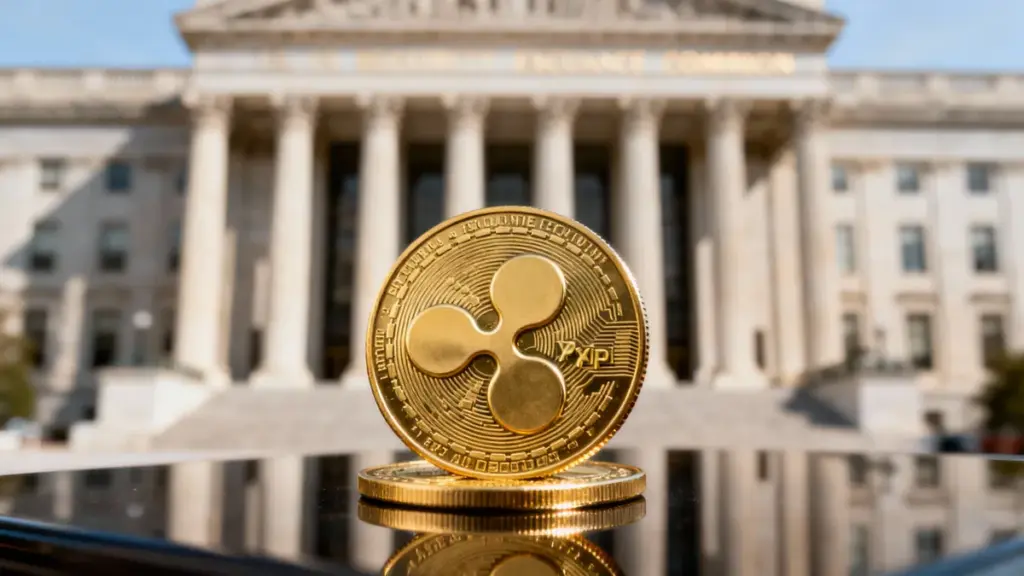 米国証券取引委員会（SEC）の建物を背景に置かれたリップル（XRP）の物理コイン