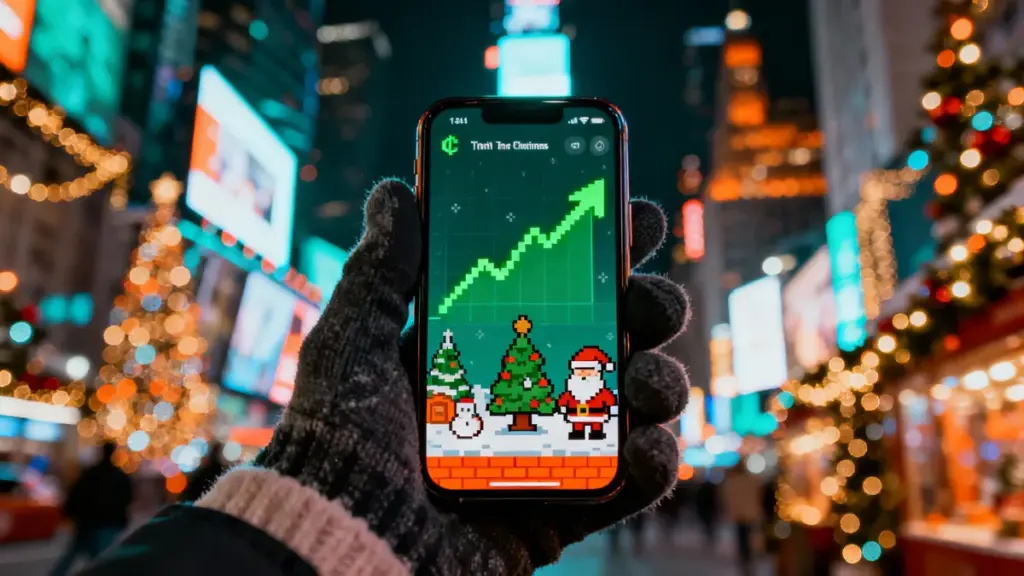 クリスマスのイルミネーション輝くNYの街角で、スマートフォンに表示されたRizzmasのゲーム画面と上昇チャートを見る手元