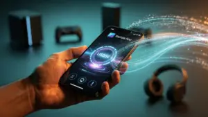 スマートフォン画面から溢れるデジタル光がソニー製品と繋がる様子を描いた、Startale USD発行を象徴するイメージ