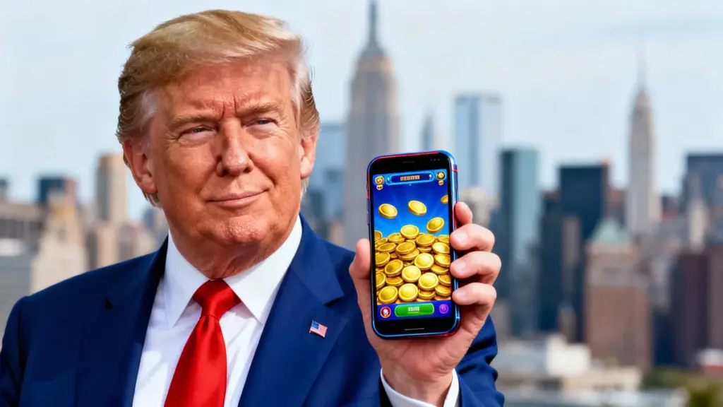 ニューヨークのスカイラインを背景に、モバイルゲーム画面を表示したスマートフォンを持つドナルド・トランプ氏