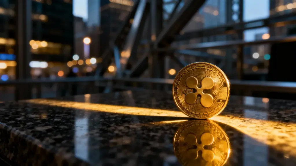 重厚な金融街の雰囲気の中でスポットライトを浴びるXRPコイン