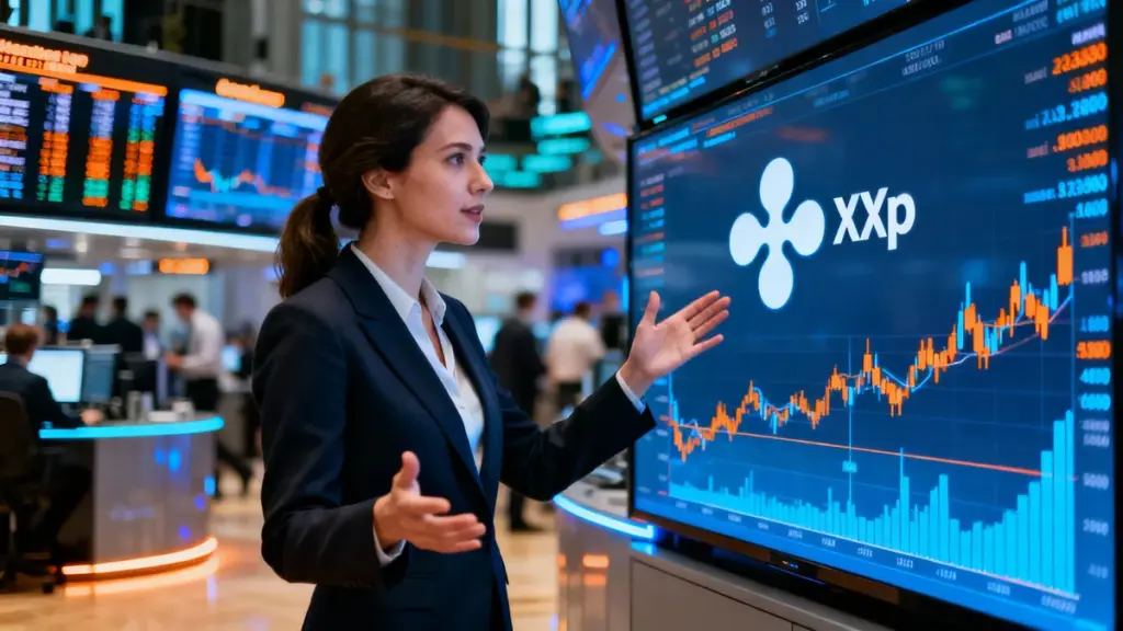 ハイテクな取引所のフロアでXRPの市場データを分析する女性金融アナリスト