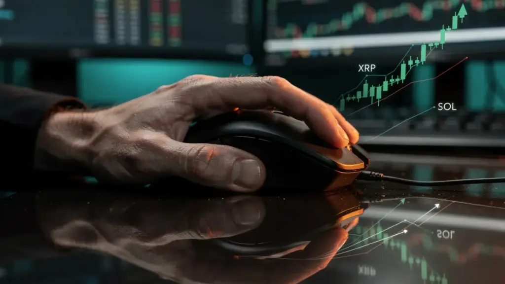 トレーダーの手元とデスクに反射するXRPとSOLの上昇チャート