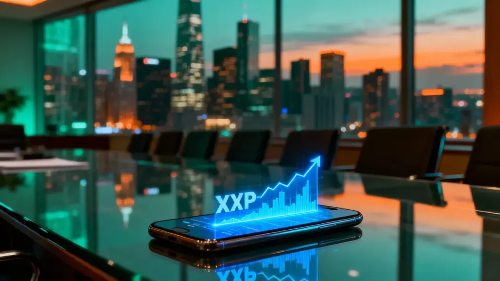 銀行の会議室のテーブルに置かれたスマートフォンに表示されたXRPの上昇チャートと、背景の金融街の夜景