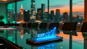 銀行の会議室のテーブルに置かれたスマートフォンに表示されたXRPの上昇チャートと、背景の金融街の夜景
