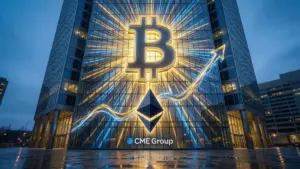 CMEグループの仮想通貨部門の急成長を象徴する、巨大なビットコインロゴと高層ビル