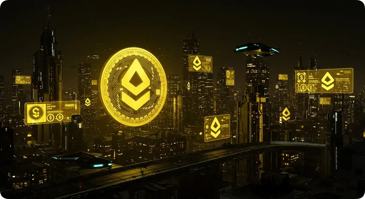 未来都市に浮かぶ仮想通貨のホログラム広告