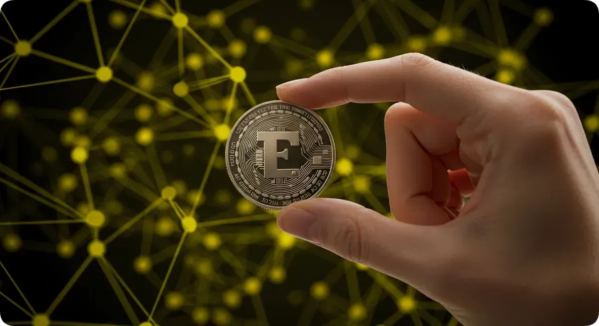 指先でつまむ仮想通貨コインと分散型ネットワーク