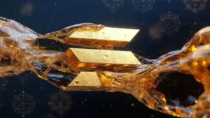 ソラナのロゴが黄金の液体となって流れ、STKESOLトークンへと結晶化する様子