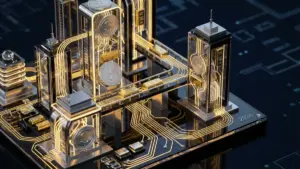 暗号資産と現実資産の統合を象徴する、ステーブルコインと建物模型が融合した未来的な構成