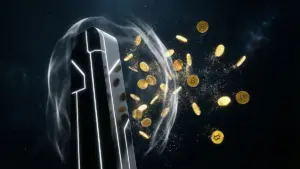 AIのコア構造体が詐欺トークンの金貨をバリアで粉砕し拒絶する様子