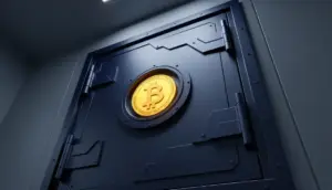 濃紺の堅牢な金庫構造体の中心に埋め込まれ輝く金色のビットコインロゴ