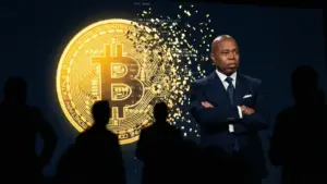崩壊する金色のデジタルトークンを背に毅然とした表情を見せるエリック・アダムス氏