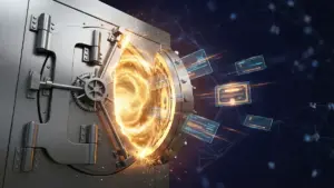 重厚な金融金庫の扉が内側からのブロックチェーンエネルギーでこじ開けられ、輝くデジタル株式証書が溢れ出す様子