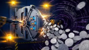 複数のロック機構を持つデジタル金庫が破壊され、イーサリアムコインが暗い竜巻に吸い込まれる様子