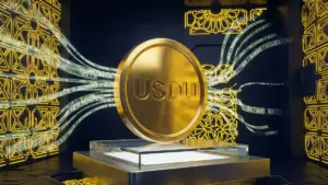 UAE中央銀行の承認を受けたUSDUステーブルコインが、アラベスク模様のデジタル金庫内で米ドルの裏付けを得て輝いている様子