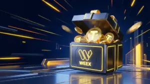 WEEX取引所のロゴ入りギフトボックスから溢れ出る金貨とUSDT
