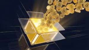 メルカリの黄色い配送ボックスからビットコインが溢れ出し、暗号資産事業の収益増加を象徴する様子