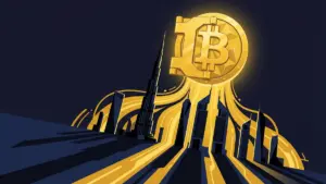 UAEの都市シルエットから巨大なビットコインへエネルギーが注がれる様子