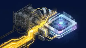 マイニングリグがAIコアへ変形する象徴的なグラフィック