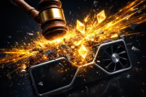 エヌビディアの仮想通貨売上隠蔽訴訟を象徴する、法槌に砕かれるGPU