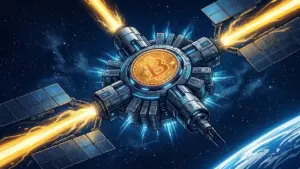 宇宙空間で稼働するビットコインマイニング衛星の抽象グラフィック