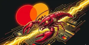 MastercardロゴとAIエージェントが融合する決済イメージ