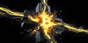 ビットコインと医療の十字シンボルが融合する様子