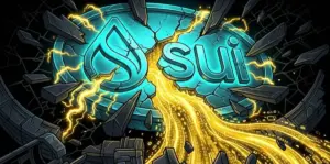 脆弱性を突かれ損壊したSUIロゴと補填を象徴する黄金の光