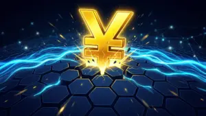 ポリゴンネットワーク上で急激に拡大するJPYCエンブレムの抽象グラフィック