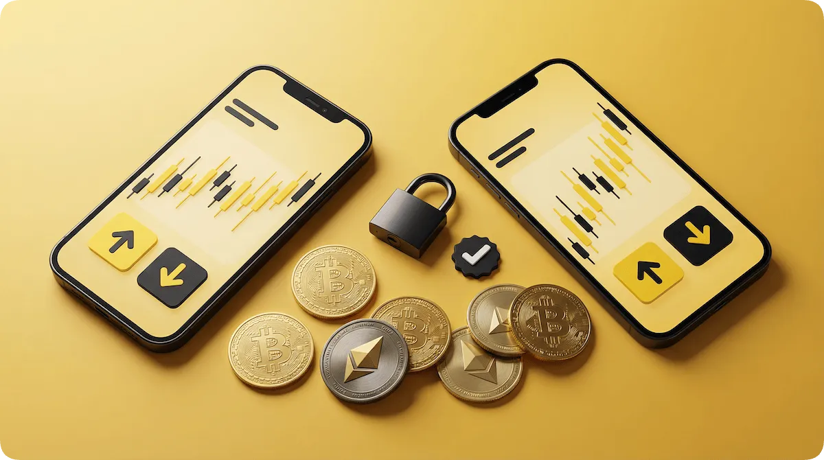 イエロー基調の仮想通貨取引所とバイナリー取引のイメージ写真