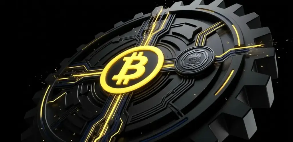 ビットコインのロゴが巨大な歯車と融合し、米規制当局の承認を象徴する画像