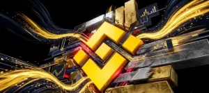 バイナンスのロゴと金銀の延べ棒が融合するダイナミックな画像