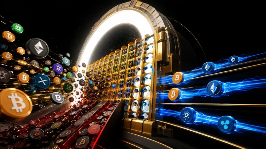 SECの新規制案とセーフハーバー導入を象徴する、仮想通貨ロゴのフィルタリング画像
