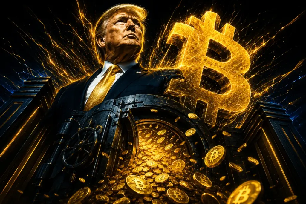トランプ氏の肖像と巨大なビットコインロゴが融合した、14億ドルの収入を象徴する画像