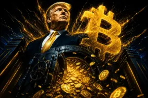 トランプ氏の肖像と巨大なビットコインロゴが融合した、14億ドルの収入を象徴する画像