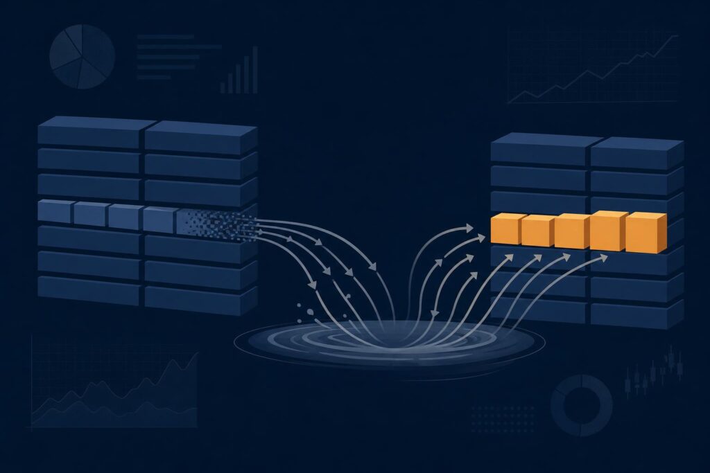 ビットコインの売却と買い戻しを表す抽象的なブロックと矢印のイラスト