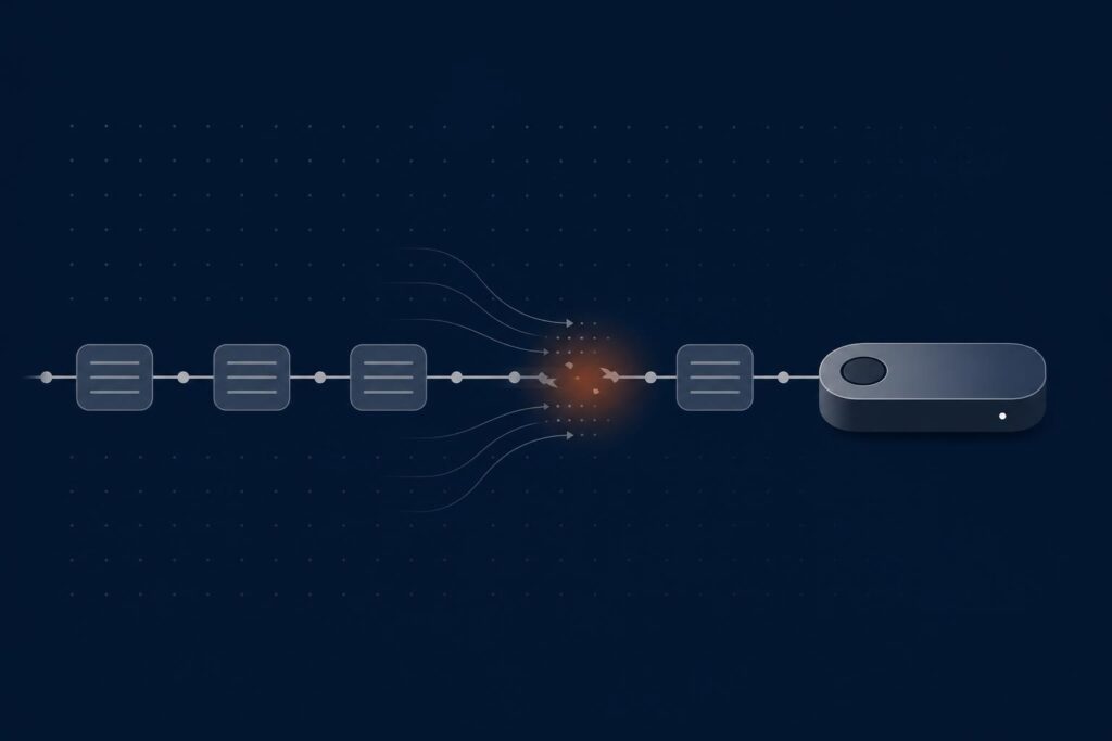 深い紺色の背景に連なるノードとブロックの鎖が、一点のオレンジ色の輝きとともに断ち切られる抽象イラスト